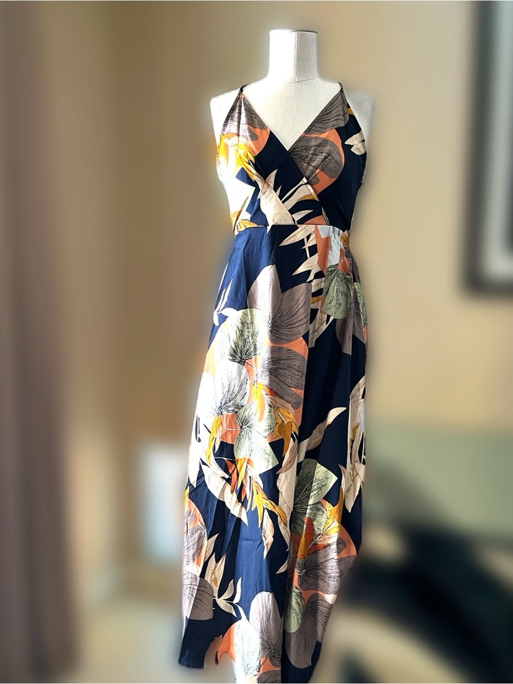 Navy Tropical Floral Maxi Dress V-Neck Backless Spaghetti Strap Slit Size S